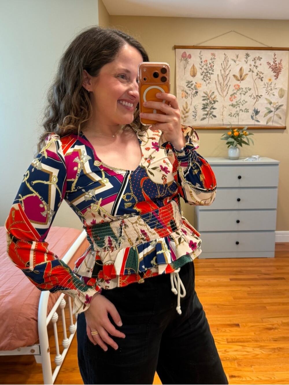 Aqua Gold Chain V Neck Patterned Peplum Long-Sleeve Top in Multicolor XS